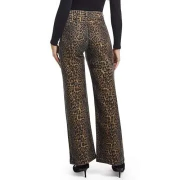 ETTELO Women's Jeans Straight Leg Casual High Waisted Stretch Trendy Leopard Pull On Jeans for Women