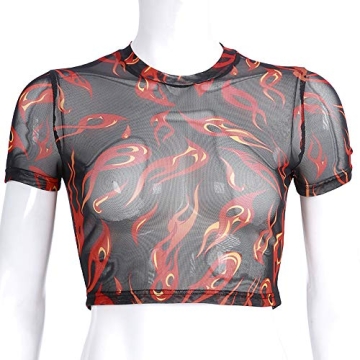Alinana Women Fire Printed Black Mesh Crop Tee See Through