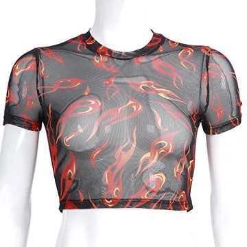 Alinana Women Fire Printed Black Mesh Crop Tee See Through