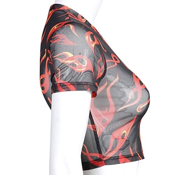 Alinana Women Fire Printed Black Mesh Crop Tee See Through