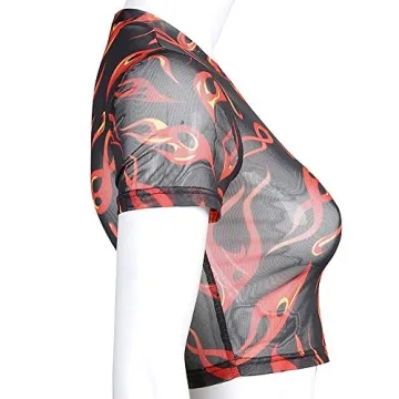 Alinana Women Fire Printed Black Mesh Crop Tee See Through
