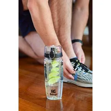 Bevgo Infuser Water Bottle – Large 32oz - Hydration Timeline Tracker – Detachable Ice Gel Ball With Flip Top Lid - Quit Sugar - Save Money - Multiple Colors with Recipe Gift Included