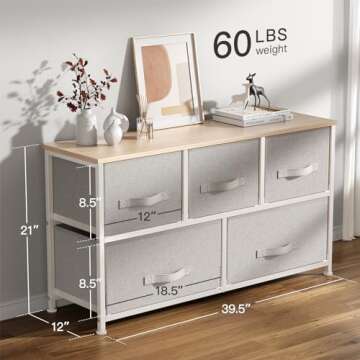 Pipishell Fabric Dresser, Dresser for Bedroom with 5 Drawers, Wide Dresser Storage Tower Organizer Unit with Wood Top and Easy Pull Handle for Closets, Living Room, Nursery Room, Hallway（Light Grey）