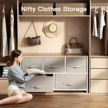 Pipishell Fabric Dresser, Dresser for Bedroom with 5 Drawers, Wide Dresser Storage Tower Organizer Unit with Wood Top and Easy Pull Handle for Closets, Living Room, Nursery Room, Hallway（Light Grey）