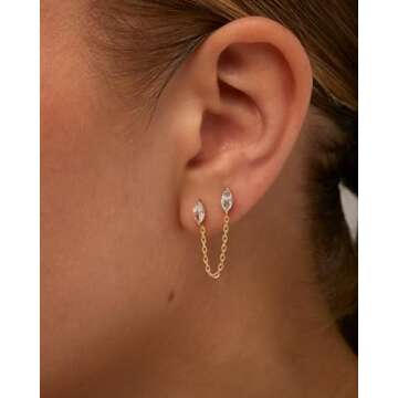 PAVOI 14K Yellow Gold Plated Delicate Navette CZ Chain Earrings for Women - Double Piercing Dangle C...