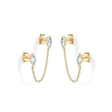 PAVOI 14K Yellow Gold Plated Delicate Navette CZ Chain Earrings for Women - Double Piercing Dangle Chain Studs - Cubic Zirconia Earscapes