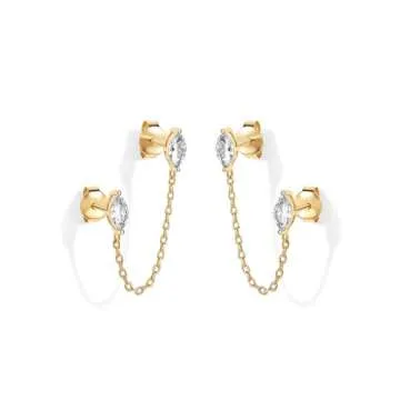 PAVOI 14K Yellow Gold Plated Delicate Navette CZ Chain Earrings for Women - Double Piercing Dangle Chain Studs - Cubic Zirconia Earscapes