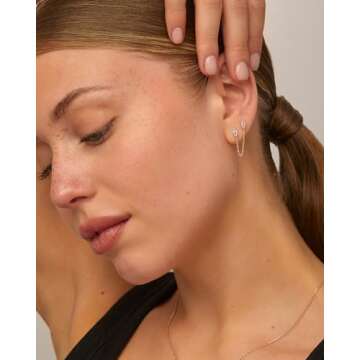 PAVOI 14K Yellow Gold Plated Delicate Navette CZ Chain Earrings for Women - Double Piercing Dangle Chain Studs - Cubic Zirconia Earscapes