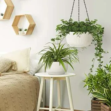 T4U 10 Inch Hanging Planters for Indoor Outdoor Plants, 2 Pack White Self Watering Hanging Plant Pot...
