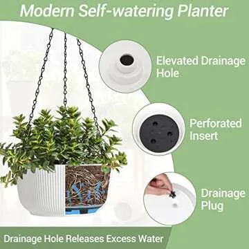 T4U 10 Inch Hanging Planters for Indoor Outdoor Plants, 2 Pack White Self Watering Hanging Plant Pot, Hanging Pots Set with Drainage Hole & Plug & Chain with 3 Hooks for Garden Home Decor