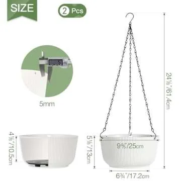T4U 10 Inch Hanging Planters for Indoor Outdoor Plants, 2 Pack White Self Watering Hanging Plant Pot, Hanging Pots Set with Drainage Hole & Plug & Chain with 3 Hooks for Garden Home Decor