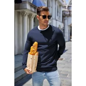 COOFANDY Mens Sweater Crewneck Pullover Long Sleeve Lightweight Sweater Plain Knit Silm Fit Navy Blue