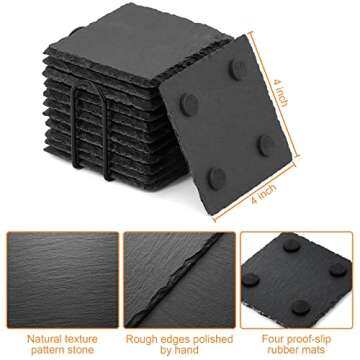 12 Pack Slate Stone Coaster, Square Coaster with Holder Handmade BUYAOBL Stone Coasters Modern Coasters for Bar Kitchen Home Decor, 4" Inches in Diameter, Slate Coasters Bulk (Black)