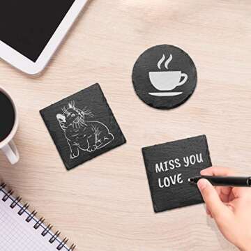 12 Pack Slate Stone Coaster, Square Coaster with Holder Handmade BUYAOBL Stone Coasters Modern Coasters for Bar Kitchen Home Decor, 4" Inches in Diameter, Slate Coasters Bulk (Black)