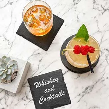 12 Pack Slate Stone Coaster, Square Coaster with Holder Handmade BUYAOBL Stone Coasters Modern Coasters for Bar Kitchen Home Decor, 4" Inches in Diameter, Slate Coasters Bulk (Black)