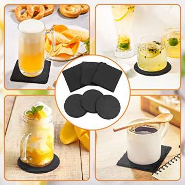 12 Pack Slate Stone Coaster, Square Coaster with Holder Handmade BUYAOBL Stone Coasters Modern Coasters for Bar Kitchen Home Decor, 4" Inches in Diameter, Slate Coasters Bulk (Black)