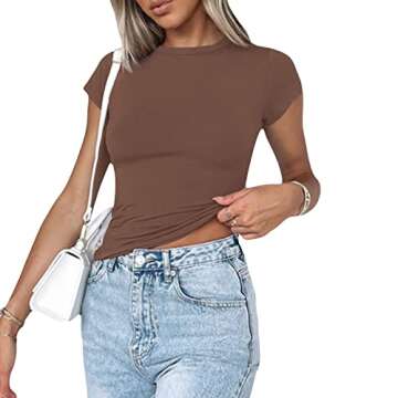 Sexy Short Sleeve Top for Women Solid Slim Fitted Shirt Tee Basic Crew Neck Crop Top Blouse(B-Dark Brown,M)