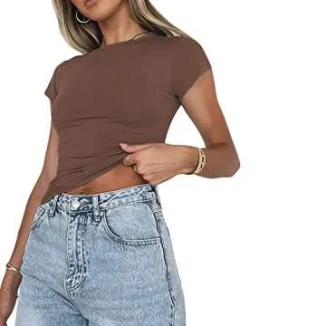 Sexy Short Sleeve Top for Women Solid Slim Fitted Shirt Tee Basic Crew Neck Crop Top Blouse(B-Dark Brown,M)