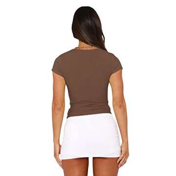 Sexy Short Sleeve Top for Women Solid Slim Fitted Shirt Tee Basic Crew Neck Crop Top Blouse(B-Dark Brown,M)