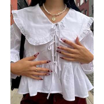 Women Lapel Doll Collar Blouse Puff Sleeve Pleated Tie Front Peplum Shirts Summer Cute Babydoll Tops White