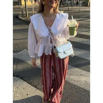 Women Lapel Doll Collar Blouse Puff Sleeve Pleated Tie Front Peplum Shirts Summer Cute Babydoll Tops White