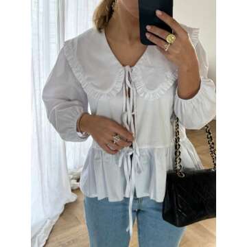 Women Lapel Doll Collar Blouse Puff Sleeve Pleated Tie Front Peplum Shirts Summer Cute Babydoll Tops White