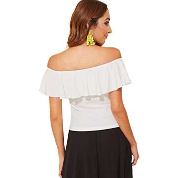 WDIRARA Women's Stretchy Off Shoulder Flounce Sleeve Sexy Slim Blouse Tops Shirt White X-Small