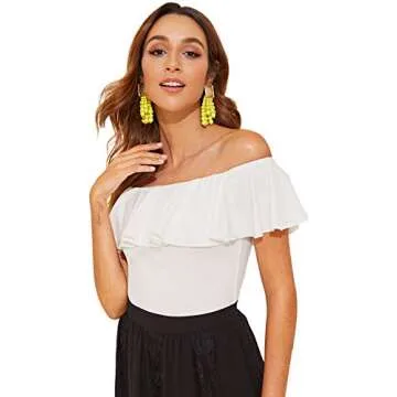 WDIRARA Women's Stretchy Off Shoulder Flounce Sleeve Sexy Slim Blouse Tops Shirt White X-Small