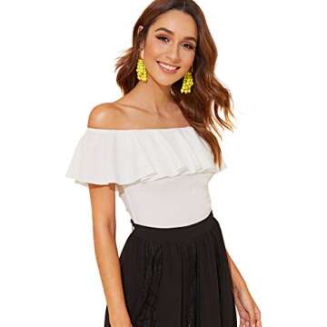 WDIRARA Women's Stretchy Off Shoulder Flounce Sleeve Sexy Slim Blouse Tops Shirt White X-Small