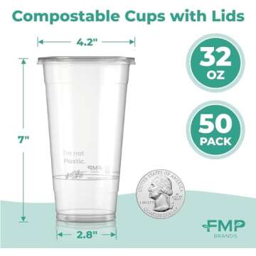Compostable 32 oz Cups with Lids - Eco Friendly Drinkware