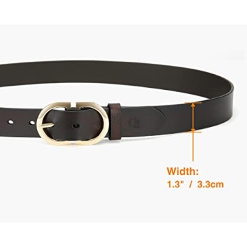 CR Womens Dark Brown Leather Belts for Jeans Pants - 1.3" Width Casual Ladies Burgundy Belt - Fashion Center Bar Gold Buckle