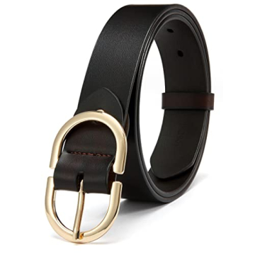 CR Womens Dark Brown Leather Belts for Jeans Pants - 1.3" Width Casual Ladies Burgundy Belt - Fashion Center Bar Gold Buckle