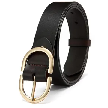 CR Womens Dark Brown Leather Belts for Jeans Pants - 1.3" Width Casual Ladies Burgundy Belt - Fashion Center Bar Gold Buckle