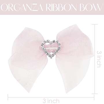 AIMUDI Pre-Tied Pink Organza Bows with Rhinestone 3" Pink Ribbon Bows with Heart Diamante Pink Bows ...