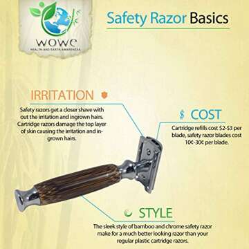 Wowe Lifestyle Double Edged Safety Razor with Long Natural Bamboo Wood Handle, Experience A Better Shave, Includes 5 Blades, Eco Friendly Grooming for Men and Women… (Silver)