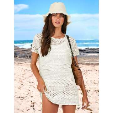 ANRABESS Women Swimsuit Crochet Swim Cover Up Summer Bathing Suit Swimwear Knit Short Sleeve Pullover 2025 Beach Dress White Medium
