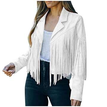 WUAI-Women Vintage Tassel Cropped Motor Biker Faux Suede Jackets Long Sleeve Hippie Boho Western Cow...