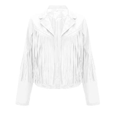 WUAI-Women Vintage Tassel Cropped Motor Biker Faux Suede Jackets Long Sleeve Hippie Boho Western Cowgirl Fringe Coat Outwear(White,Large)
