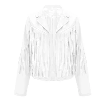 WUAI-Women Vintage Tassel Cropped Motor Biker Faux Suede Jackets Long Sleeve Hippie Boho Western Cowgirl Fringe Coat Outwear(White,Large)