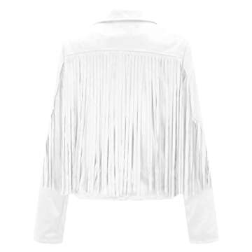 WUAI-Women Vintage Tassel Cropped Motor Biker Faux Suede Jackets Long Sleeve Hippie Boho Western Cowgirl Fringe Coat Outwear(White,Large)