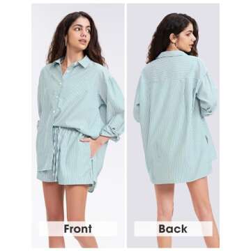 EXLURA Women's Summer 2 Piece Sets Long Sleeve Button Down Shirts Matching Short Sets Beach Vacation Cruise Outfits 2025