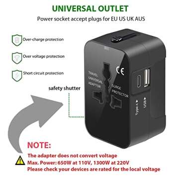Universal Travel Adapter, All in One Plug Adapter with USB C, Worldwide Power Adapter USB Type C Port, International Wall Charger Foldable Plug Converter Outlet for Europe EU UK AUS (Type G/C/I/A)