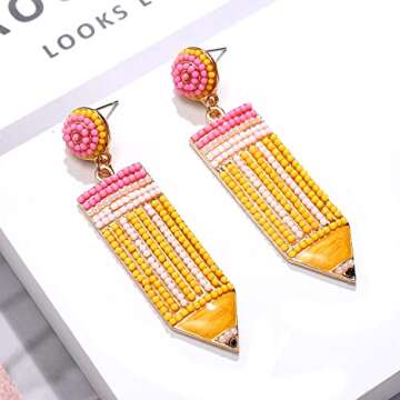 Teacher Earrings Beaded Pencil Earrings for Women Handmade Beaded Dangle Drop Earrings Back To School Teacher Appreciation Gift (Yellow)