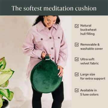 Mindful & Modern Velvet Meditation Cushion | Luxe Zafu Yoga Floor Pillow Seat | Posture Support | Buckwheat Hull Filled | Large Round Cushion with Removable Washable Cover + Carry Handle | Color Green