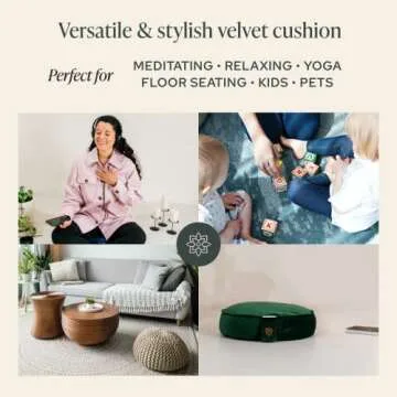 Mindful & Modern Velvet Meditation Cushion | Luxe Zafu Yoga Floor Pillow Seat | Posture Support | Buckwheat Hull Filled | Large Round Cushion with Removable Washable Cover + Carry Handle | Color Green