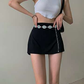 Western Oval Turquoise Chain Belt Body Chain for Women, Antique Metal Hollow Out Waist Chain Belt Bo...