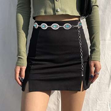 Western Oval Turquoise Chain Belt Body Chain for Women, Antique Metal Hollow Out Waist Chain Belt Body Jewelry for Jeans Dresses (Western Belt-Turquoise)
