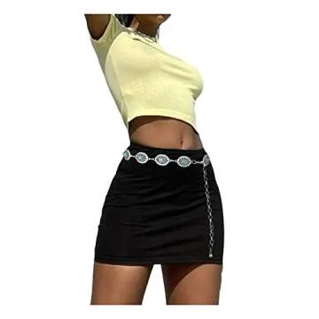 Western Oval Turquoise Chain Belt Body Chain for Women, Antique Metal Hollow Out Waist Chain Belt Body Jewelry for Jeans Dresses (Western Belt-Turquoise)