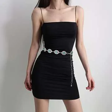 Western Oval Turquoise Chain Belt Body Chain for Women, Antique Metal Hollow Out Waist Chain Belt Body Jewelry for Jeans Dresses (Western Belt-Turquoise)