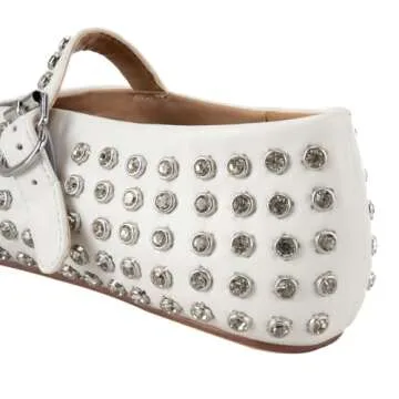 Gradinery Rhinestone Flats for Women Crystal Studded Mary Jane Ballet Flats Shoes Buckle Strap Sparkly Casual Dress Ballerina Shoes White Size 9